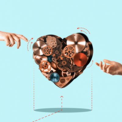 Art collage. Two hands reach for a large mechanical heart. People relationship concept.