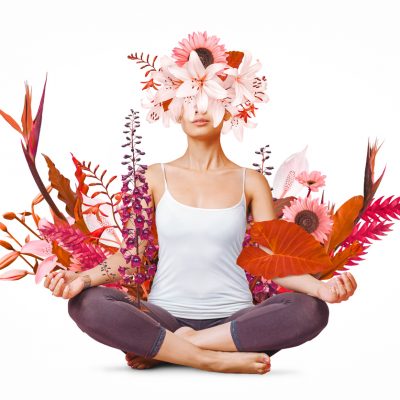 Abstract art design of young woman doing yoga with flowers around body isolated on white background